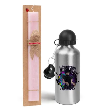 Wednesday Jenna Ortega, Easter Set, metallic Silver aluminum water bottle (500ml) & scented flat Easter candle (30cm) (PINK)