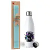 Easter Set, metallic stainless steel water bottle (750ml) & aromatic flat Easter candle (30cm) (TURQUOISE)