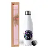 Easter Set, metallic stainless steel water bottle (750ml) & scented flat Easter candle (30cm) (PINK)