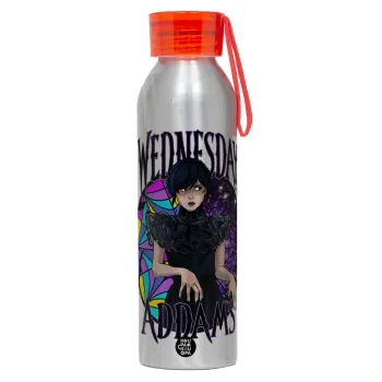 Wednesday Jenna Ortega, Αλουμινένιο Αθλητικό Μπουκάλι 650ml – Ασημί με Κόκκινο Καπάκι και Λουράκι Σιλικόνης