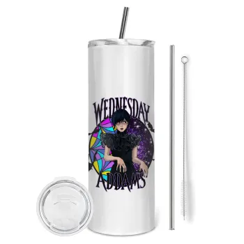 Wednesday Jenna Ortega, Tumbler ποτήρι θερμό από ανοξείδωτο ατσάλι 600ml, με μεταλλικό καλαμάκι & βούρτσα καθαρισμού