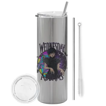 Wednesday Jenna Ortega, Tumbler ποτήρι θερμό Ασημένιο από ανοξείδωτο ατσάλι 600ml, με μεταλλικό καλαμάκι & βούρτσα καθαρισμού