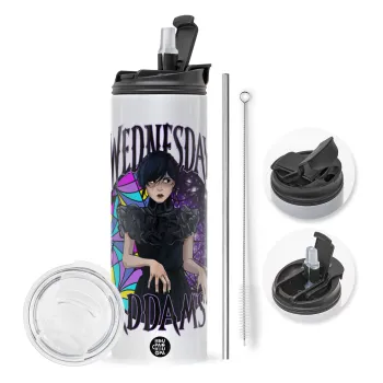 Wednesday Jenna Ortega, Travel Tumbler 2 Lids, with metal straw & cleaning brush (Stainless steel 304 Food grade, BPA free, 600ml)