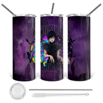 Wednesday Jenna Ortega, Tumbler ποτήρι θερμό από ανοξείδωτο ατσάλι 600ml, με μεταλλικό καλαμάκι & βούρτσα καθαρισμού