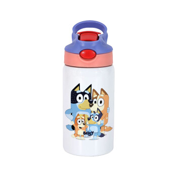 Bluey, Children's hot water bottle, stainless steel, with safety straw, pink/purple (350ml)