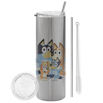 Bluey, Eco friendly stainless steel Silver tumbler 600ml, with metal straw & cleaning brush
