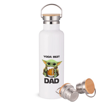 Yoda Best Dad, Μεταλλικό παγούρι θερμός (Stainless steel) Λευκό με ξύλινο καπακι (bamboo), διπλού τοιχώματος, 750ml