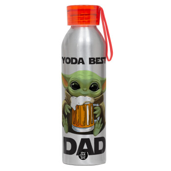 Yoda Best Dad, Αλουμινένιο Αθλητικό Μπουκάλι 650ml – Ασημί με Κόκκινο Καπάκι και Λουράκι Σιλικόνης
