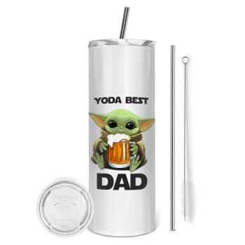Yoda Best Dad, Eco friendly ποτήρι θερμό (tumbler) από ανοξείδωτο ατσάλι 600ml, με μεταλλικό καλαμάκι & βούρτσα καθαρισμού