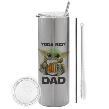 Yoda Best Dad, Eco friendly ποτήρι θερμό Ασημένιο (tumbler) από ανοξείδωτο ατσάλι 600ml, με μεταλλικό καλαμάκι & βούρτσα καθαρισμού