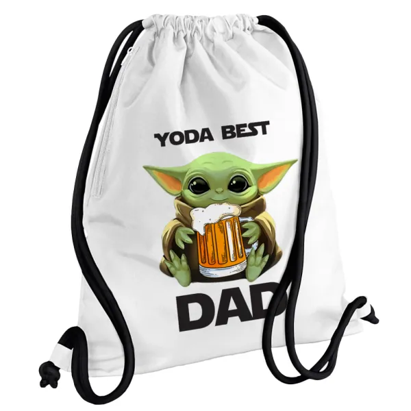 Yoda Best Dad — Τσάντα πλάτης πουγκί GYMBAG λευκή, με τσέπη (40x48cm) & χονδρά κορδόνια