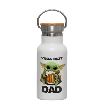Yoda Best Dad, Μεταλλικό παγούρι θερμός (Stainless steel) Λευκό με ξύλινο καπακι (bamboo), διπλού τοιχώματος, 350ml