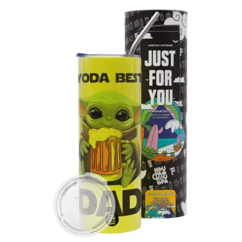 Yoda Best Dad, Neon Yellow Travel Tumbler θερμό, μεταλλικό καλαμάκι(Ανωξείδωτο 304 Food grade, BPA free, 600ml)