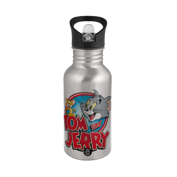 Tom and Jerry, Water bottle Silver with straw, stainless steel 500ml