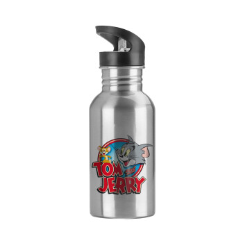 Tom and Jerry, Water bottle Silver with straw, stainless steel 600ml