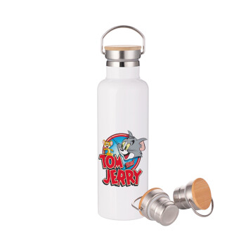 Tom and Jerry, Stainless steel White with wooden lid (bamboo), double wall, 750ml