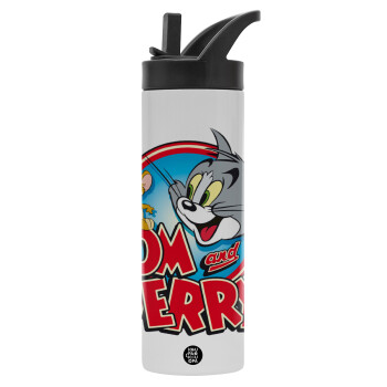 Τομ και Τζέρι, Μεταλλικό παγούρι θερμός με καλαμάκι & χειρολαβή, ανοξείδωτο ατσάλι (Stainless steel 304), διπλού τοιχώματος, 600ml