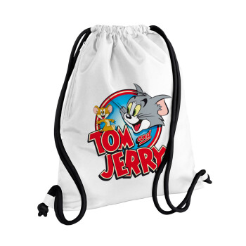 Τομ και Τζέρι, Τσάντα πλάτης πουγκί GYMBAG λευκή, με τσέπη (40x48cm) & χονδρά κορδόνια