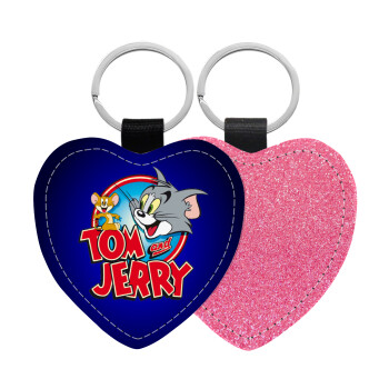 Tom and Jerry, Μπρελόκ PU δερμάτινο glitter καρδιά ΡΟΖ