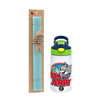 Tom and Jerry, Πασχαλινό Σετ, Παιδικό παγούρι θερμό, ανοξείδωτο, με καλαμάκι ασφαλείας, πράσινο/μπλε (350ml) & πασχαλινή λαμπάδα αρωματική πλακέ (30cm) (ΤΙΡΚΟΥΑΖ)