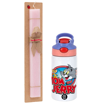 Tom and Jerry, Πασχαλινό Σετ, Παιδικό παγούρι θερμό, ανοξείδωτο, με καλαμάκι ασφαλείας, ροζ/μωβ (350ml) & πασχαλινή λαμπάδα αρωματική πλακέ (30cm) (ΡΟΖ)