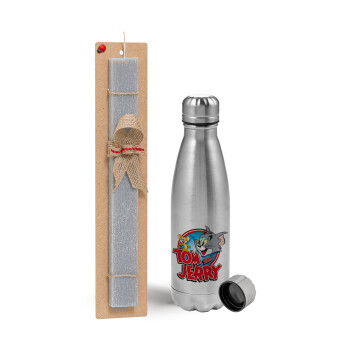 Tom and Jerry, Easter Set, metallic Inox water bottle (750ml) & aromatic flat Easter candle (30cm) (GRAY)
