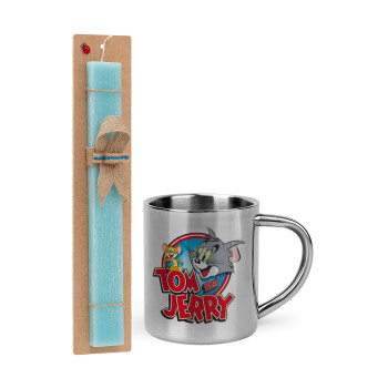 Tom and Jerry, Easter Set, metallic thermal cup (300ml) & aromatic flat Easter candle (30cm) (TURQUOISE)