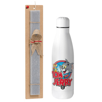 Tom and Jerry, Πασχαλινό Σετ, μεταλλικό παγούρι Inox (700ml) & πασχαλινή λαμπάδα αρωματική πλακέ (30cm) (ΓΚΡΙ)