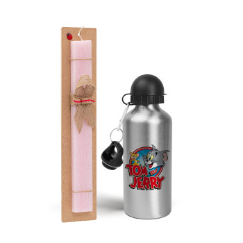 Tom and Jerry, Easter Set, metallic Silver aluminum water bottle (500ml) & scented flat Easter candle (30cm) (PINK)