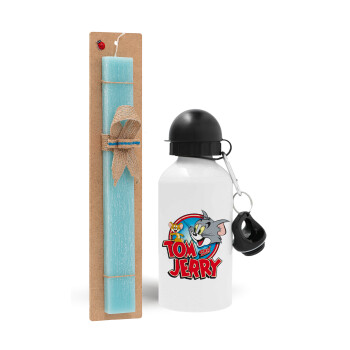 Tom and Jerry, Easter Set, metallic aluminum water bottle (500ml) & scented flat candle (30cm) (TURQUOISE)