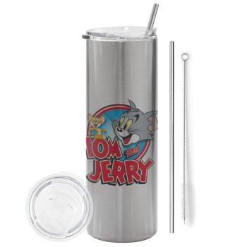 Tom and Jerry, Eco friendly stainless steel Silver tumbler 600ml, with metal straw & cleaning brush