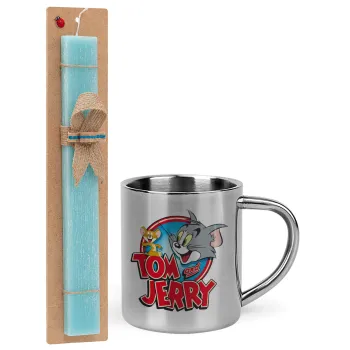Tom and Jerry, Easter Set, metallic thermal cup (300ml) & aromatic flat Easter candle (30cm) (TURQUOISE)