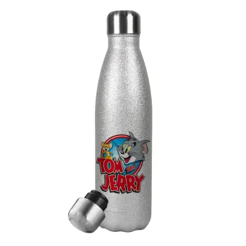 Tom and Jerry, Metallic Glitter Silver Thermos Flask (Stainless steel), double-walled, 500ml