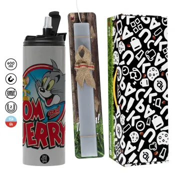 Τομ και Τζέρι, Πασχαλινή Λαμπάδα με Travel Tumbler θερμό (600ml, BPA free) & κερί αρωματικό πλακέ (30cm) (ΓΚΡΙ)