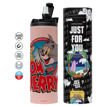 Τομ και Τζέρι, Tumbler ποτήρι θερμό ΡΟΖ από ανοξείδωτο ατσάλι 600ml