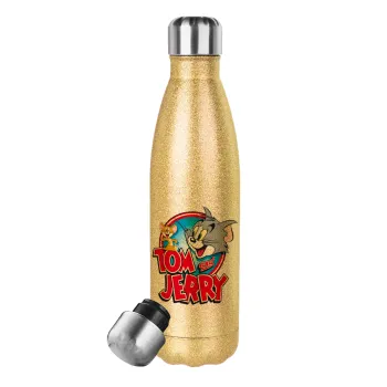 Tom and Jerry, Glitter gold stainless steel thermos bottle, double-walled, 500ml