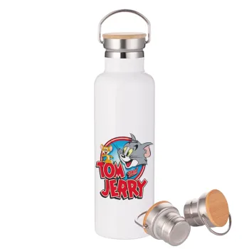 Tom and Jerry, Stainless steel White with wooden lid (bamboo), double wall, 750ml