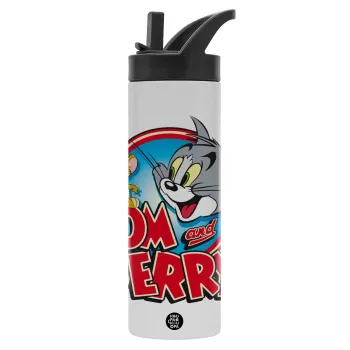 Tom and Jerry, Metallic thermos bottle with straw & handle, stainless steel (Stainless steel 304), double-walled, 600ml.