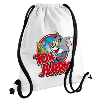 Tom and Jerry, Backpack pouch GYMBAG white, with pocket (40x48cm) & thick cords