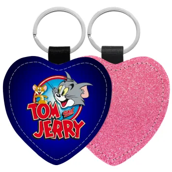 Tom and Jerry, Μπρελόκ PU δερμάτινο glitter καρδιά ΡΟΖ