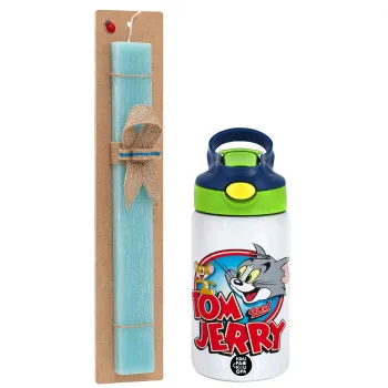 Tom and Jerry, Easter Set, Children's thermal stainless steel bottle with safety straw, green/blue (350ml) & aromatic flat Easter candle (30cm) (TURQUOISE)