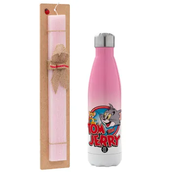 Tom and Jerry, Easter Set, Metallic pink/white (Stainless steel) thermos, double-walled, 500ml & aromatic flat Easter candle (30cm) (PINK)