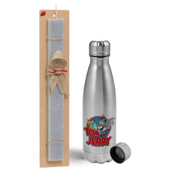 Tom and Jerry, Easter Set, metallic Inox water bottle (750ml) & aromatic flat Easter candle (30cm) (GRAY)