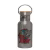 Stainless steel metallic thermos flask, silver with a bamboo lid, double-walled, 350ml.