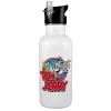 White water bottle with straw, stainless steel 600ml