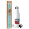 Easter Set, metallic stainless steel water bottle (750ml) & aromatic flat Easter candle (30cm) (TURQUOISE)
