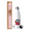 Easter Set, metallic stainless steel water bottle (750ml) & scented flat Easter candle (30cm) (PINK)