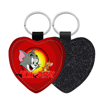 Tom and Jerry, Μπρελόκ PU δερμάτινο glitter καρδιά ΜΑΥΡΟ