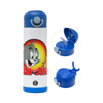 Tom and Jerry, Παιδικό παγούρι θερμό, ανοξείδωτο, με καλαμάκι ασφαλείας, ΜΠΛΕ (500ml)