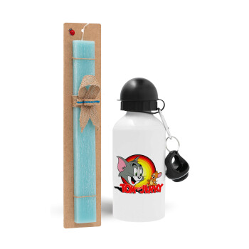 Tom and Jerry, Easter Set, metallic aluminum water bottle (500ml) & scented flat candle (30cm) (TURQUOISE)